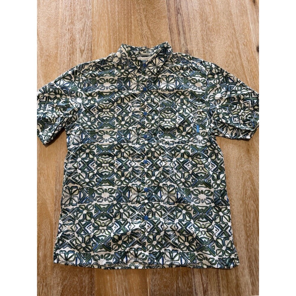 Columbia Rapid Rivers Shirt Men M Green Blue Geometric Print Short Sleeve Button